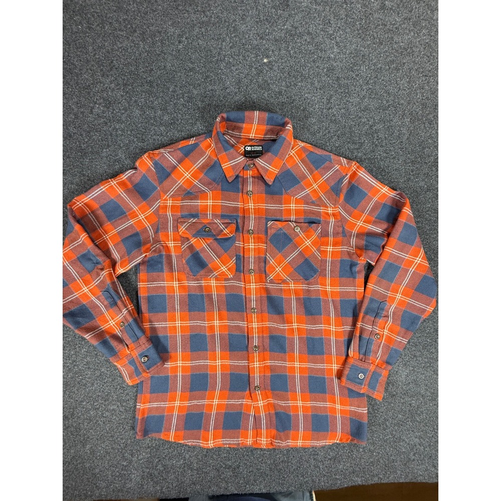 Outdoor Research Flannel Shirt Mens Small Orange Blue Plaid Western Yoke Tangent